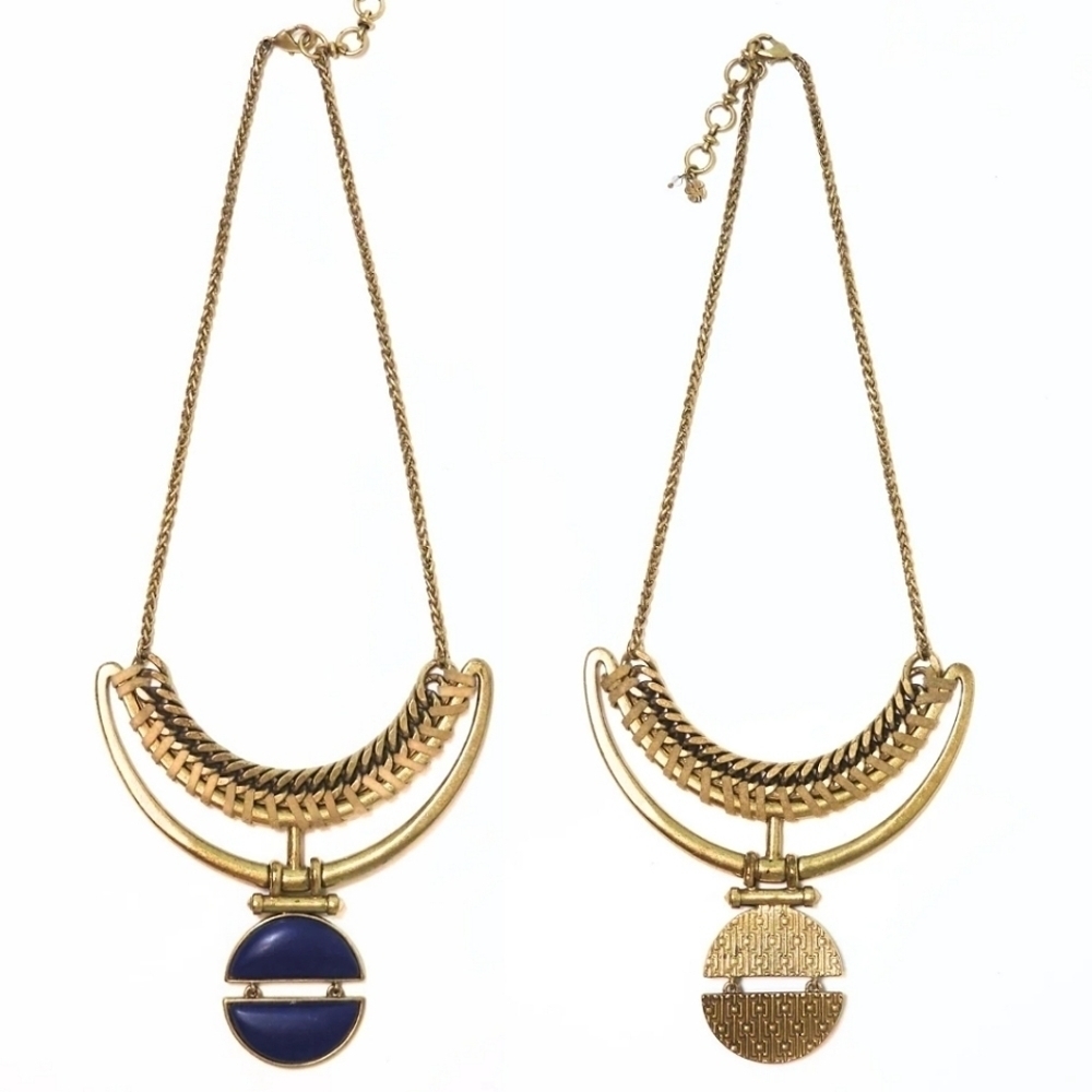 Lucky Brand Gold Brushed Metal & Blue Stone Collar Statement Necklace